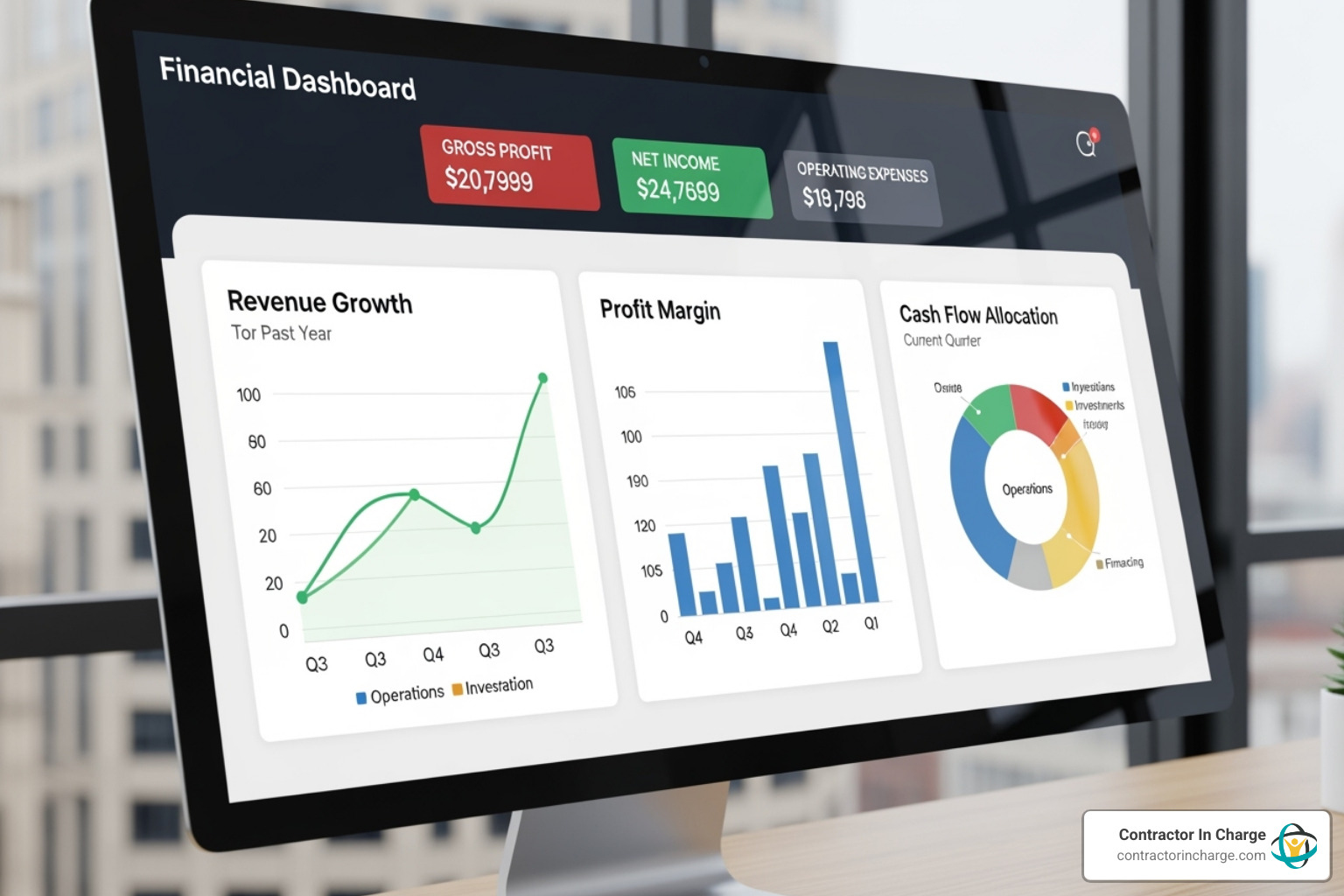 financial KPI dashboard showing profit margin, cash flow, and revenue growth charts - industry kpi reporting contractor