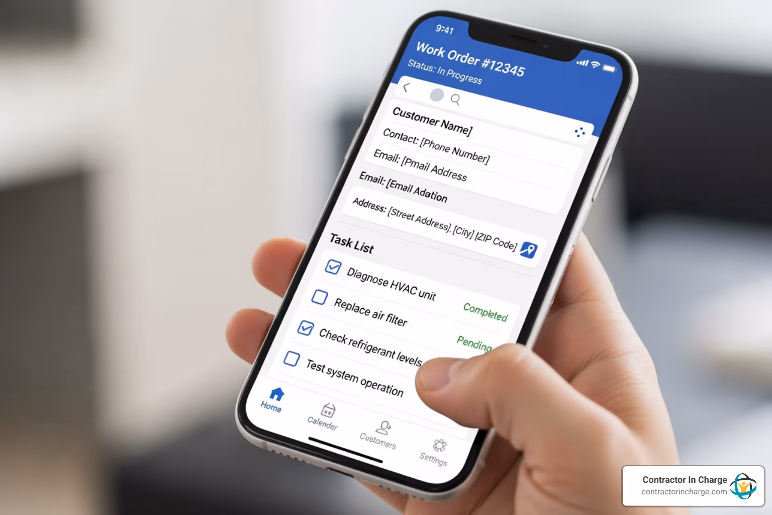 A smartphone displaying the FieldEdge mobile app, showing a work order with details like customer name, service address, and task list. The interface is clean and user-friendly. - fieldedge software consulting