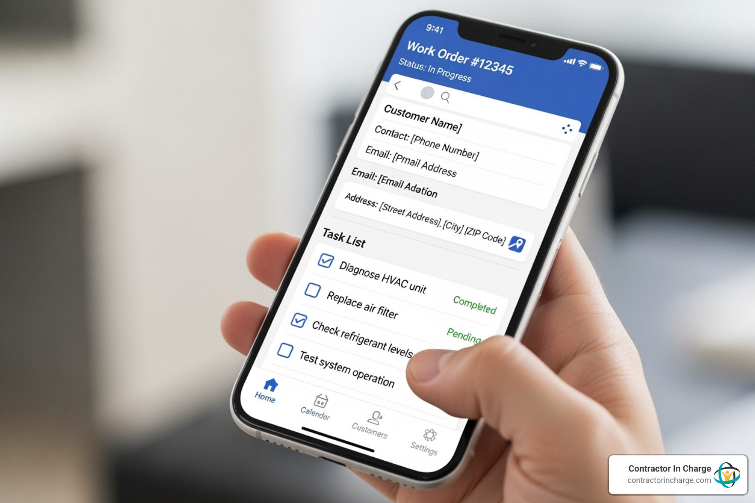 A smartphone displaying the FieldEdge mobile app, showing a work order with details like customer name, service address, and task list. The interface is clean and user-friendly. - fieldedge software consulting