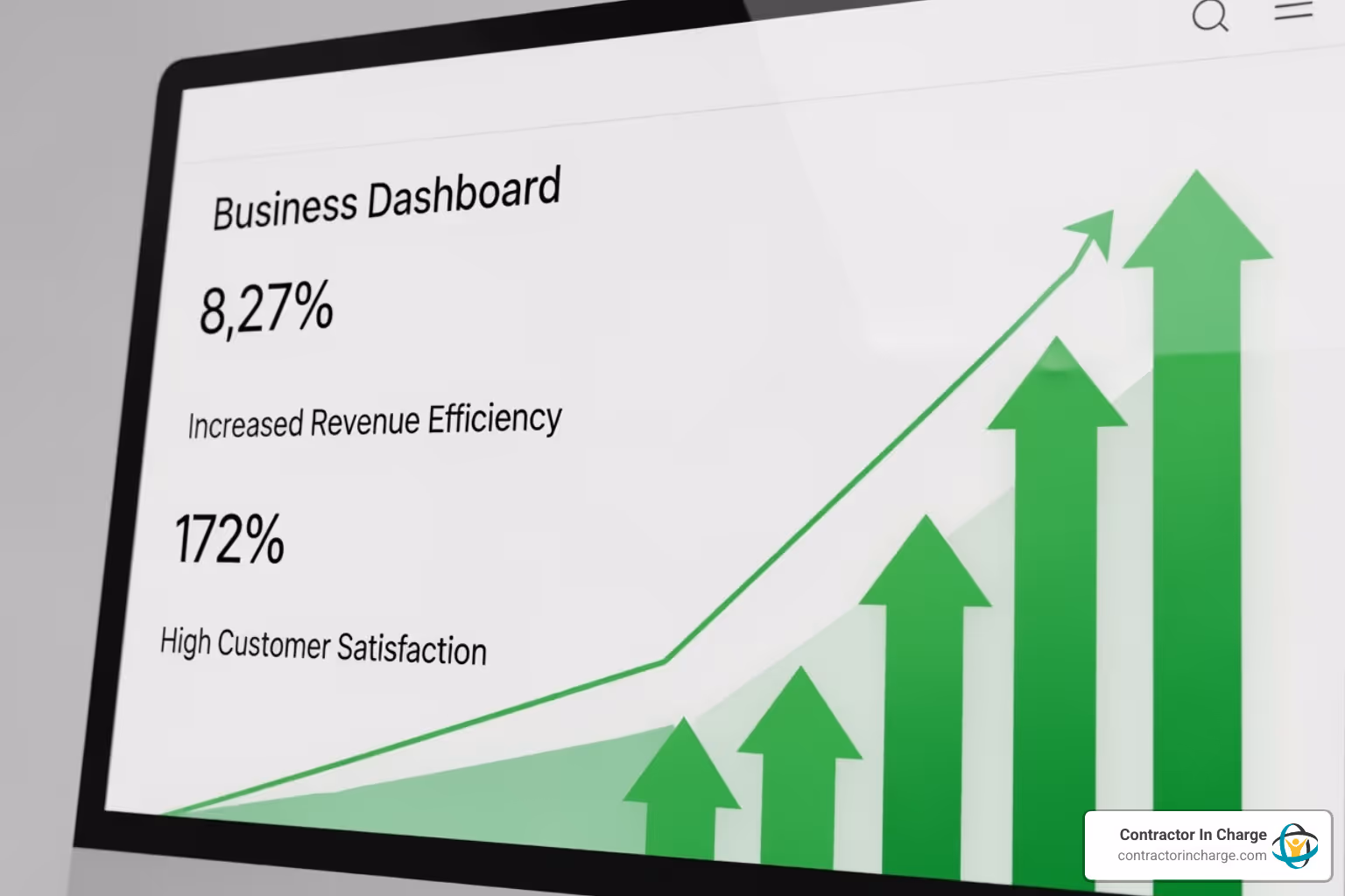 A clear dashboard displaying positive business KPIs such as increased revenue, improved efficiency, and high customer satisfaction scores, with green upward trending arrows and clear, concise metrics. - fieldedge software consulting