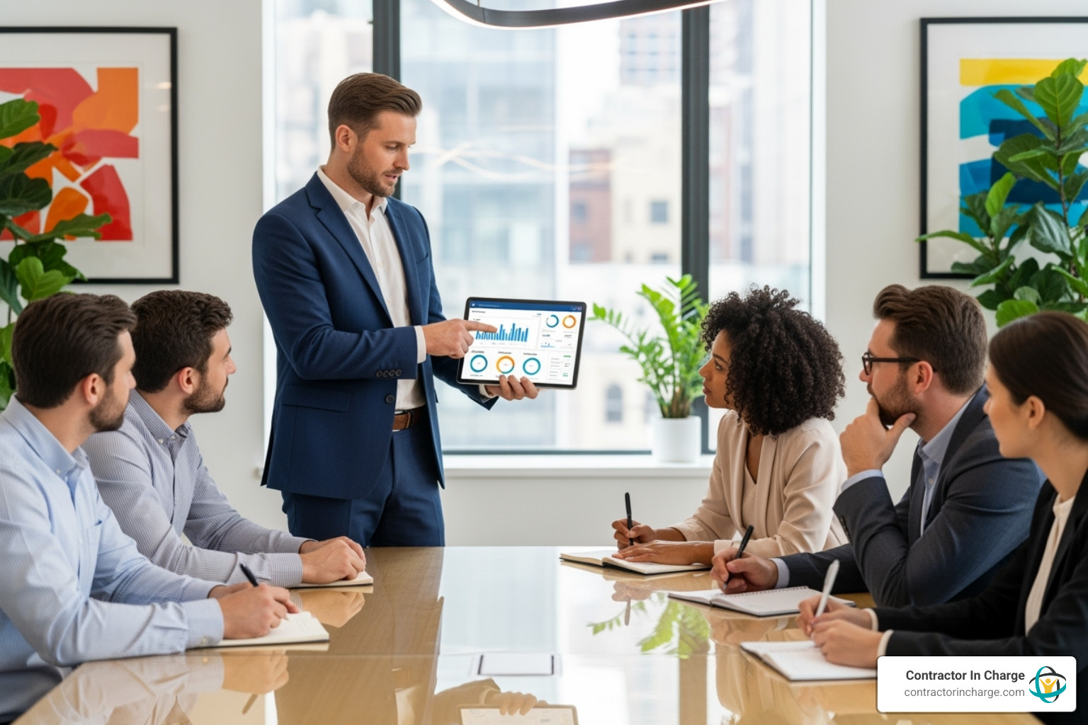 A consultant collaborating with a small business team, pointing at a tablet screen displaying FieldEdge software. The team members are engaged and taking notes. - fieldedge software consulting