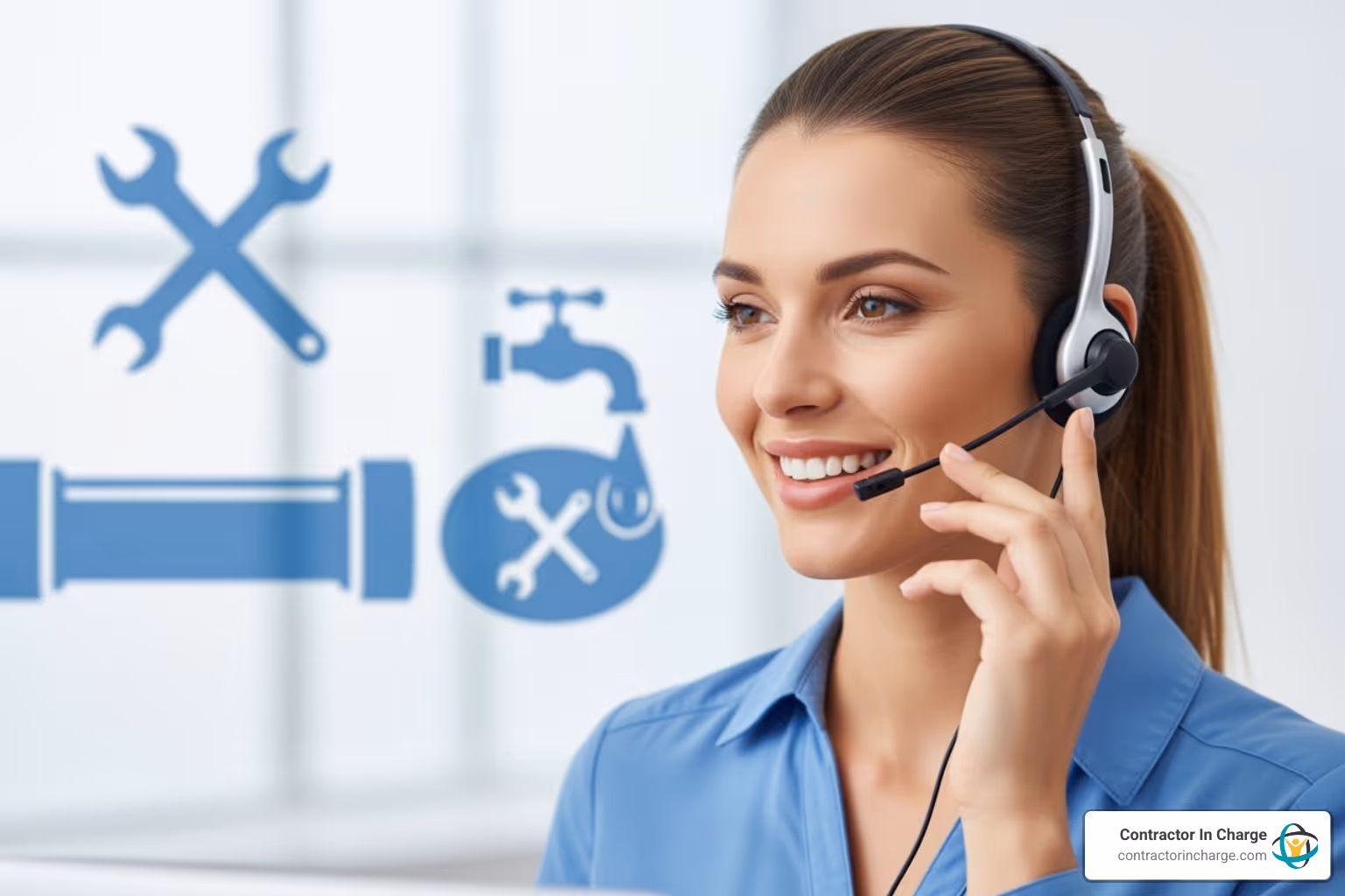 friendly virtual receptionist answering a call for a plumbing company - outsourcing scalable back office
