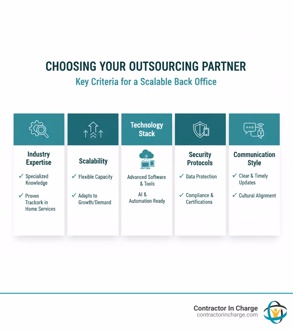 infographic showing a table comparing key criteria for choosing an outsourcing partner: Industry Expertise, Scalability, Technology Stack, Security Protocols, and Communication Style - outsourcing scalable back office infographic