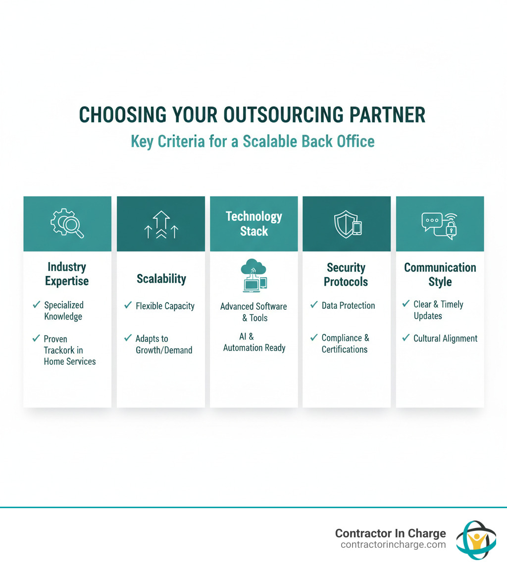 infographic showing a table comparing key criteria for choosing an outsourcing partner: Industry Expertise, Scalability, Technology Stack, Security Protocols, and Communication Style - outsourcing scalable back office infographic