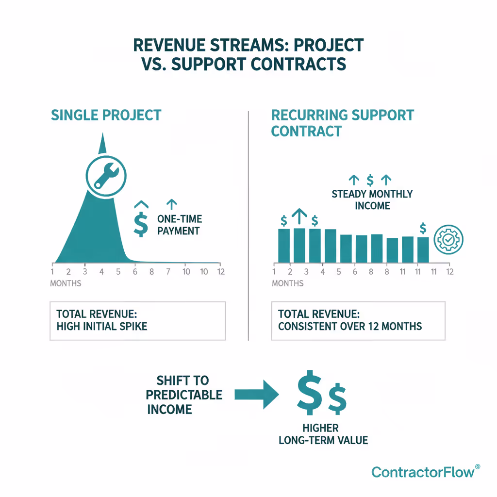 infographic comparing single project revenue stream showing one-time payment spike versus recurring revenue stream from support contracts showing steady monthly income over 12 months with total revenue comparison - ongoing support contract contractors infographic 