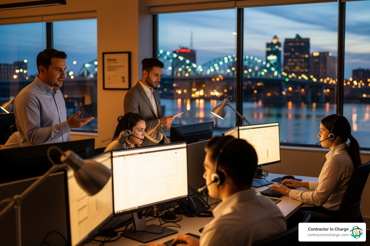 Infographic showing the customer call journey: customer calls business number, call forwards to 24-hour answering service, trained agent answers with business greeting and custom script, agent captures details and books appointment or dispatches urgent request, business owner receives notification via text or email, customer feels heard and job is secured - 24 hour answering service in grand rapids, mi