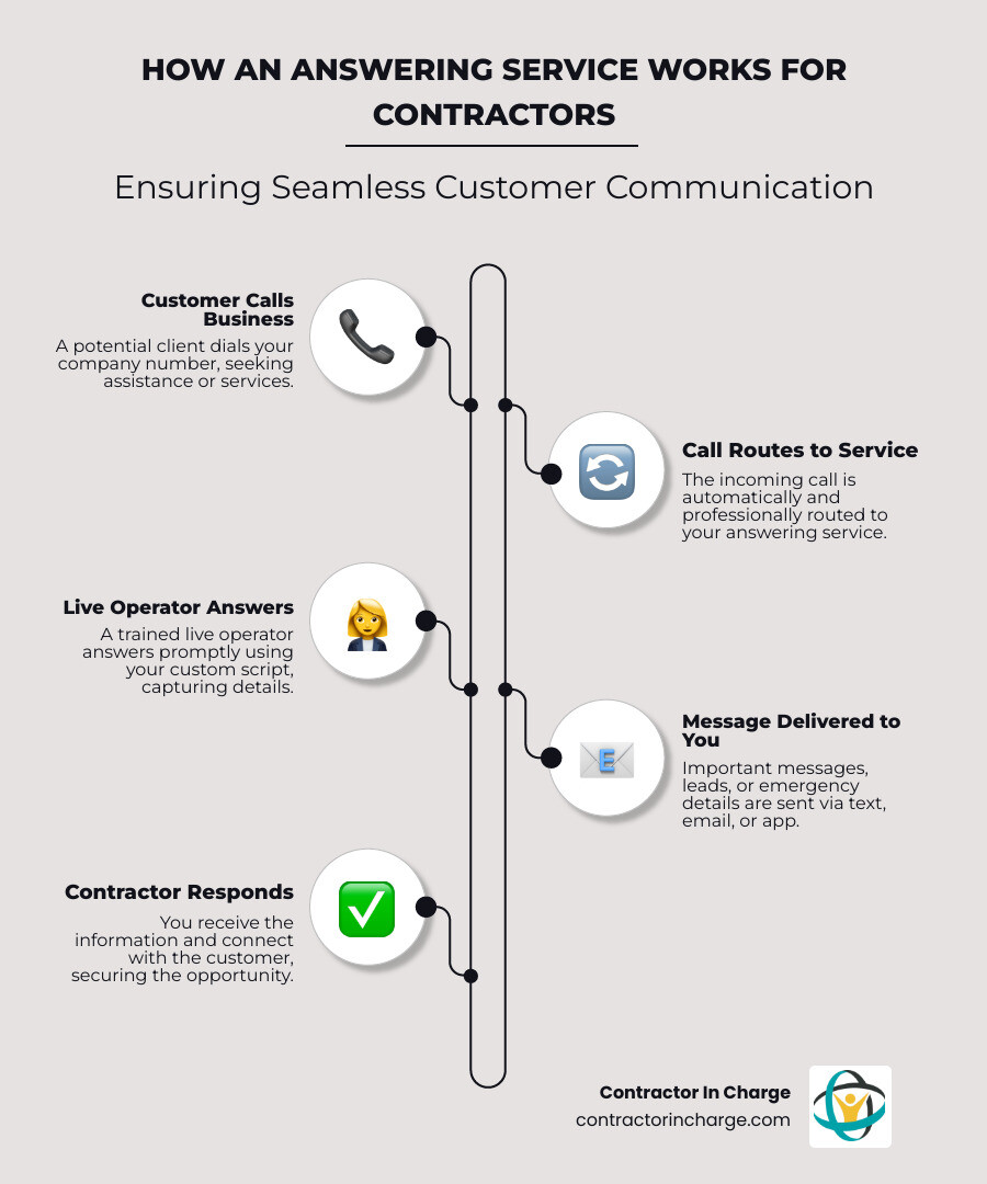 Infographic showing how an answering service works: customer calls business number, call is routed to answering service, trained operator answers using custom script, message is delivered via text or email, contractor responds to customer—resulting in no missed calls, better customer satisfaction, and increased revenue - answering service in buffalo, ny infographic infographic-line-5-steps-elegant_beige