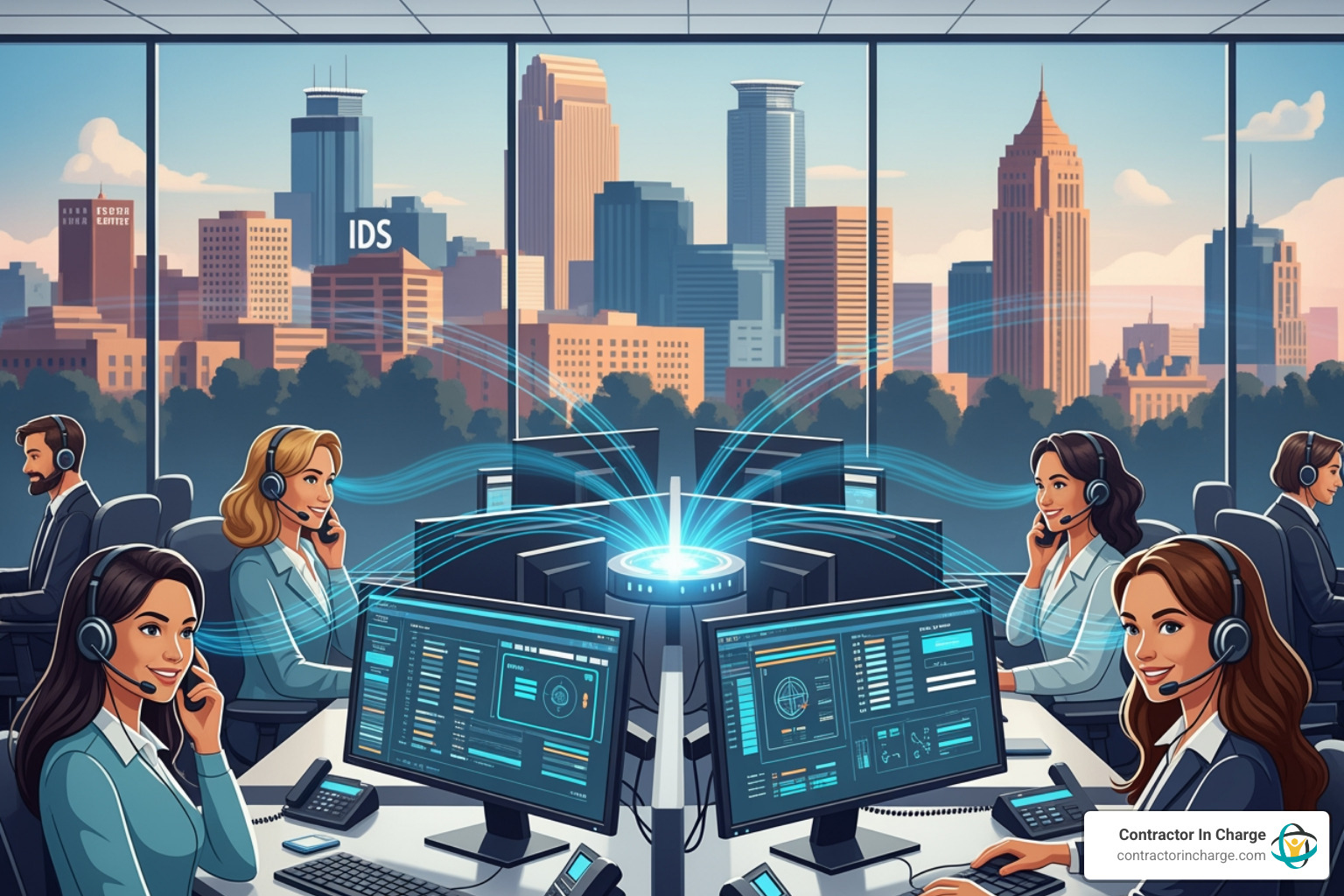 Infographic showing the answering service call flow: Customer calls your business number → Call is routed to live answering service agent → Agent answers using your custom script and business name → Agent gathers caller information and determines urgency → For emergencies: Agent immediately dispatches to on-call technician via call/text → For routine calls: Message delivered to you via email, text, or app → You respond and book the job - answering service services in minneapolis, mn