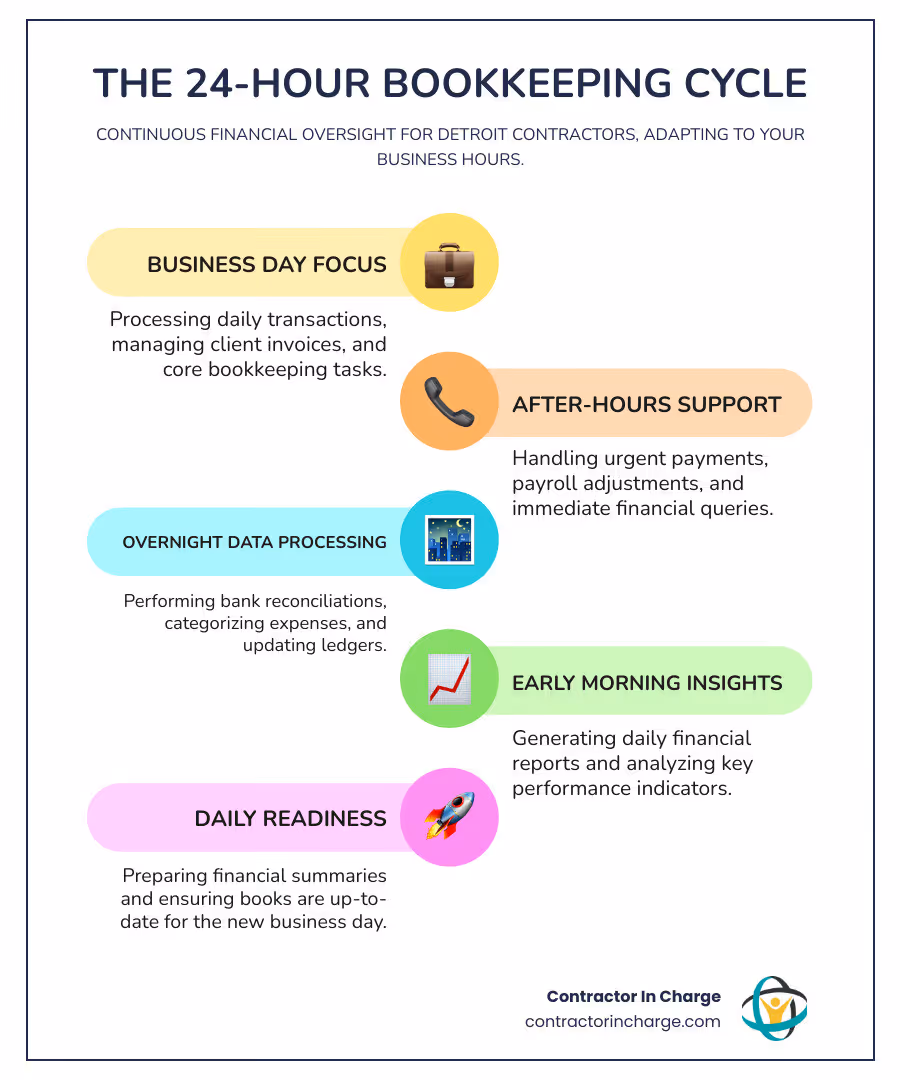 Infographic showing a 24-hour clock divided into sections: Business Hours (9-5) showing traditional bookkeeper availability, After Hours (5-9) showing invoice processing and urgent tasks, Night Shift (9-6) showing reconciliation and reporting, and Early Morning (6-9) showing report delivery and team handoffs, with arrows indicating continuous workflow - 24 hour bookkeeping in detroit, mi infographic infographic-line-5-steps-colors