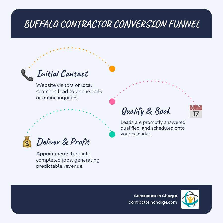 Infographic showing the contractor lead conversion funnel: website visitor becomes phone call, phone call is answered and qualified, qualified lead is booked as appointment, appointment converts to completed job and revenue - best lead conversion services for contractors in Buffalo, NY infographic infographic-line-3-steps-blues-accent_colors