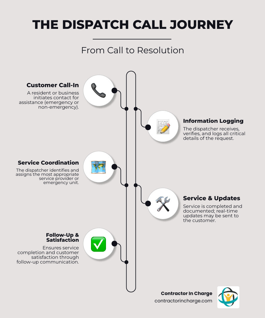 Infographic showing the flow of a dispatch call: Customer calls in, dispatcher receives and logs information, dispatcher coordinates with service provider or emergency responder, real-time updates are sent to customer, service is completed and documented, follow-up communication ensures satisfaction - dispatch help in grand rapids, mi infographic infographic-line-5-steps-elegant_beige
