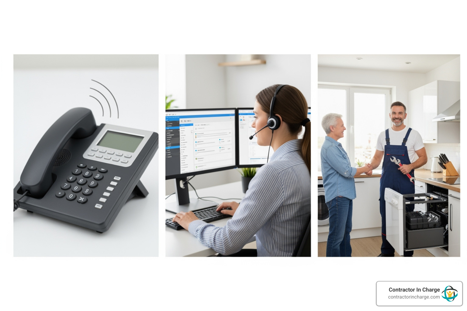 Infographic showing the customer call journey: incoming call received by live answering service agent, lead qualification and information gathering, direct booking into contractor's scheduling system, confirmation sent to customer and technician, job completed and follow-up scheduled - answering service that books jobs for home service companies in Cleveland, OH