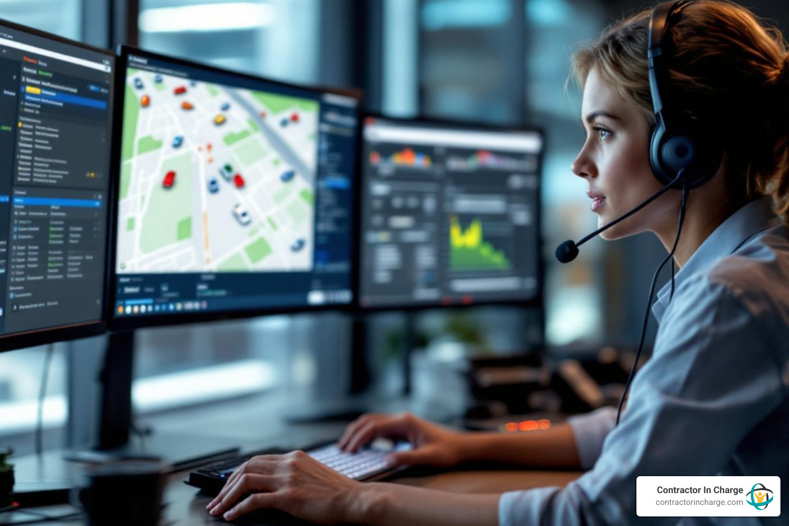 Infographic showing the complete dispatch process flow from initial customer call to dispatcher receiving the call, prioritizing urgency, locating nearest available service vehicle via GPS, dispatching the technician with full job details, providing customer with ETA, and confirming service completion - 24 hour dispatch in detroit, mi