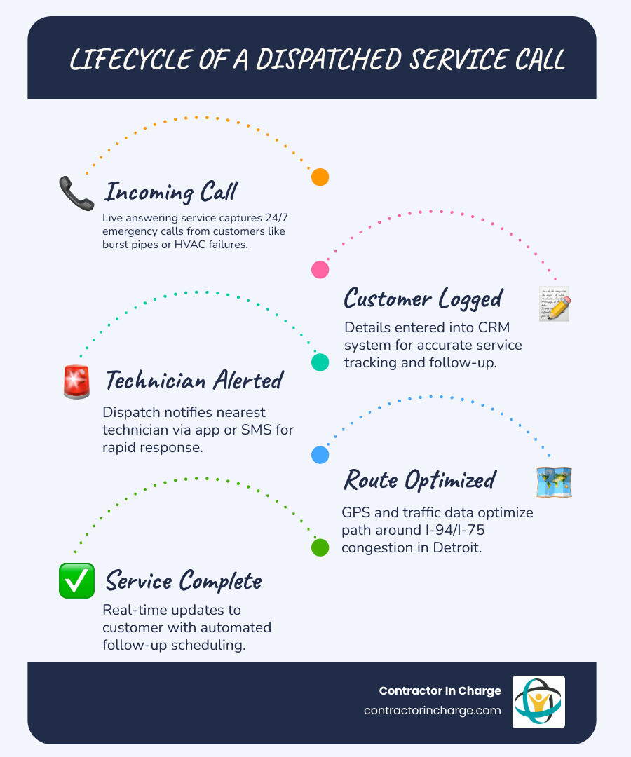 Infographic showing the lifecycle of a dispatched service call: incoming call captured by live answering service, customer information logged in CRM, technician notified via dispatch system, route optimized based on traffic and location, service completed with real-time updates to customer, and follow-up scheduled automatically - business dispatch in detroit, mi infographic infographic-line-5-steps-blues-accent_colors Infographic showing the lifecycle of a dispatched service call: incoming call captured by live answering service, customer information logged in CRM, technician notified via dispatch system, route optimized based on traffic and location, service completed with real-time updates to customer, and follow-up scheduled automatically - business dispatch in detroit, mi infographic infographic-line-5-steps-blues-accent_colors