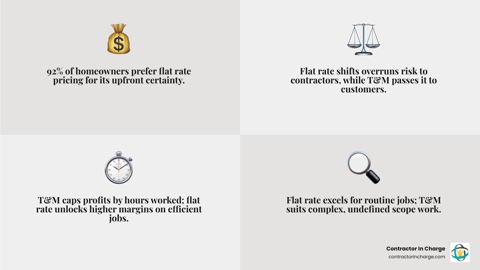 Infographic comparing flat rate vs T&M pricing models for contractors: workflow, billing, risk, and customer impact - flat Infographic comparing flat rate vs T&M pricing models for contractors: workflow, billing, risk, and customer impact - flat
