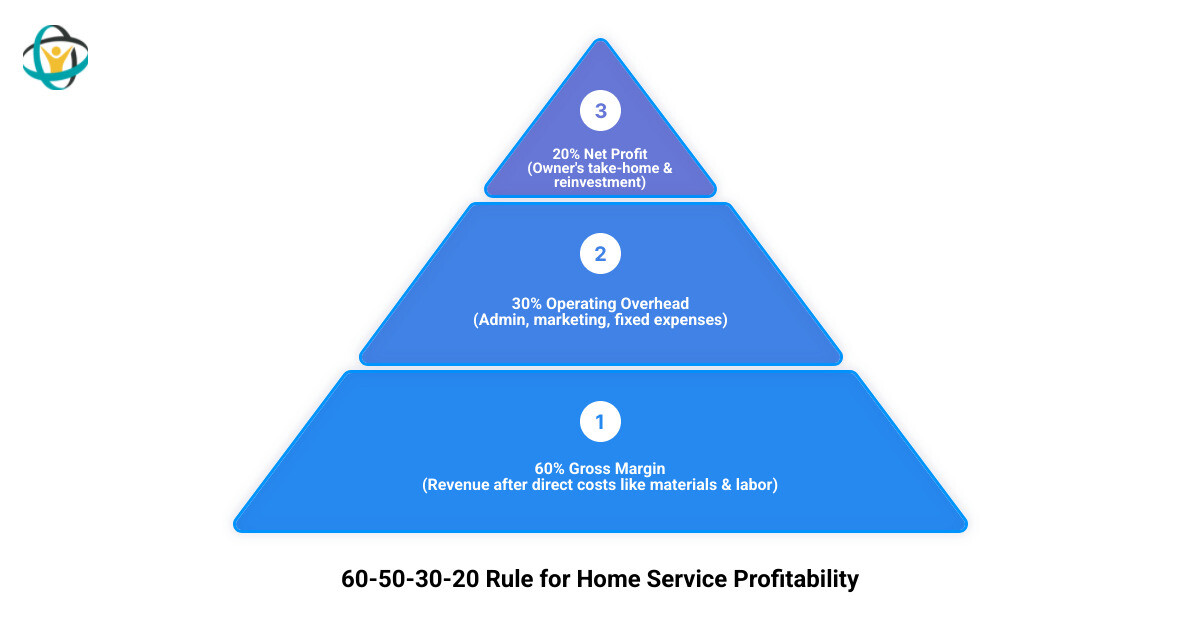 Infographic showing the 60-50-30-20 rule: 50% direct costs, 30% overhead, 20% net profit, with gross and net margin