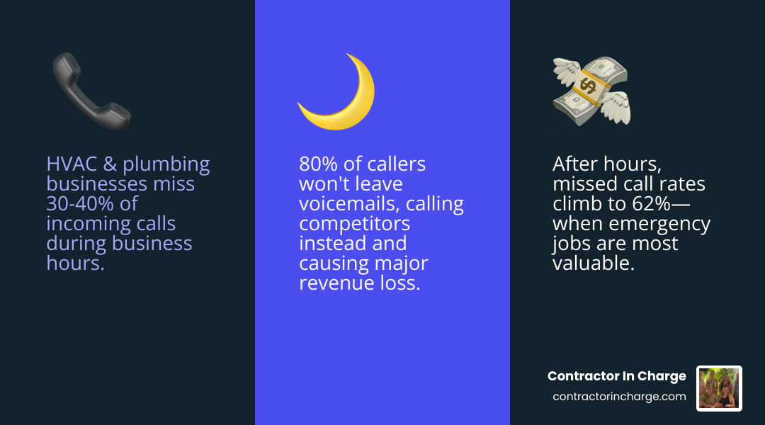 Infographic showing the impact of missed calls on HVAC and plumbing revenue in 2026, including missed call rates and revenue
