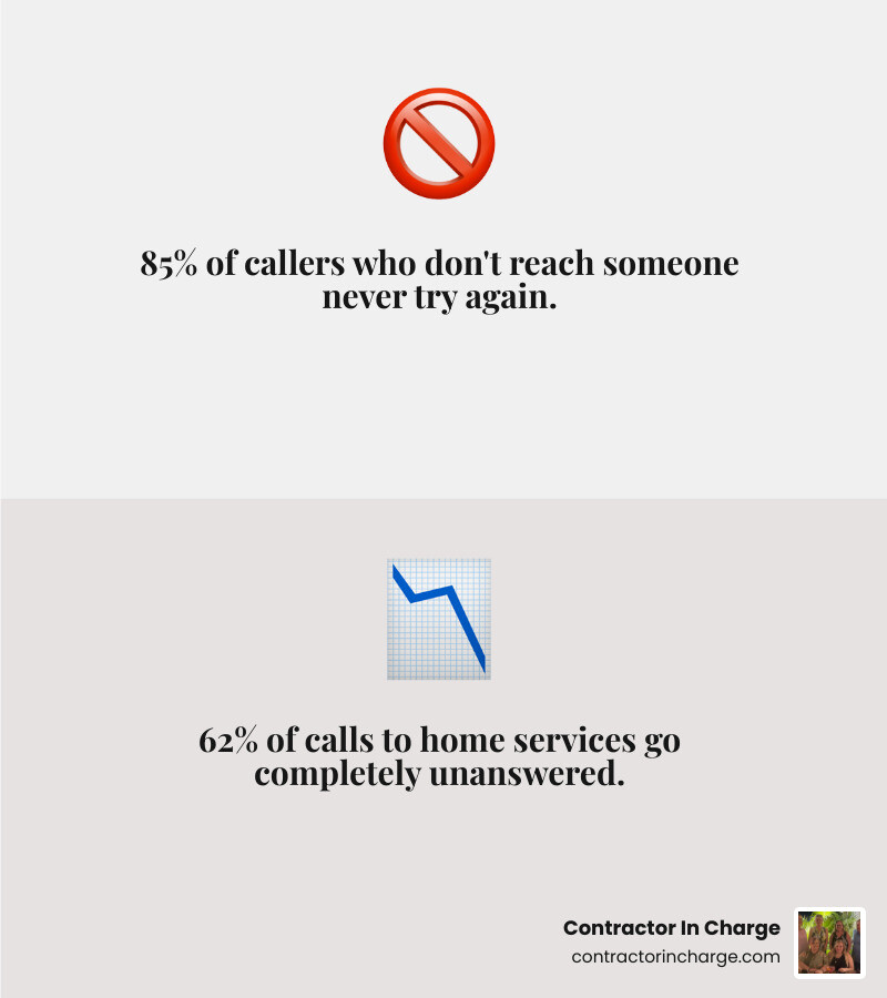 Infographic showing the cost of a missed call for plumbing and electrical trades, including 85% never call back stat and 62% Infographic showing the cost of a missed call for plumbing and electrical trades, including 85% never call back stat and 62%