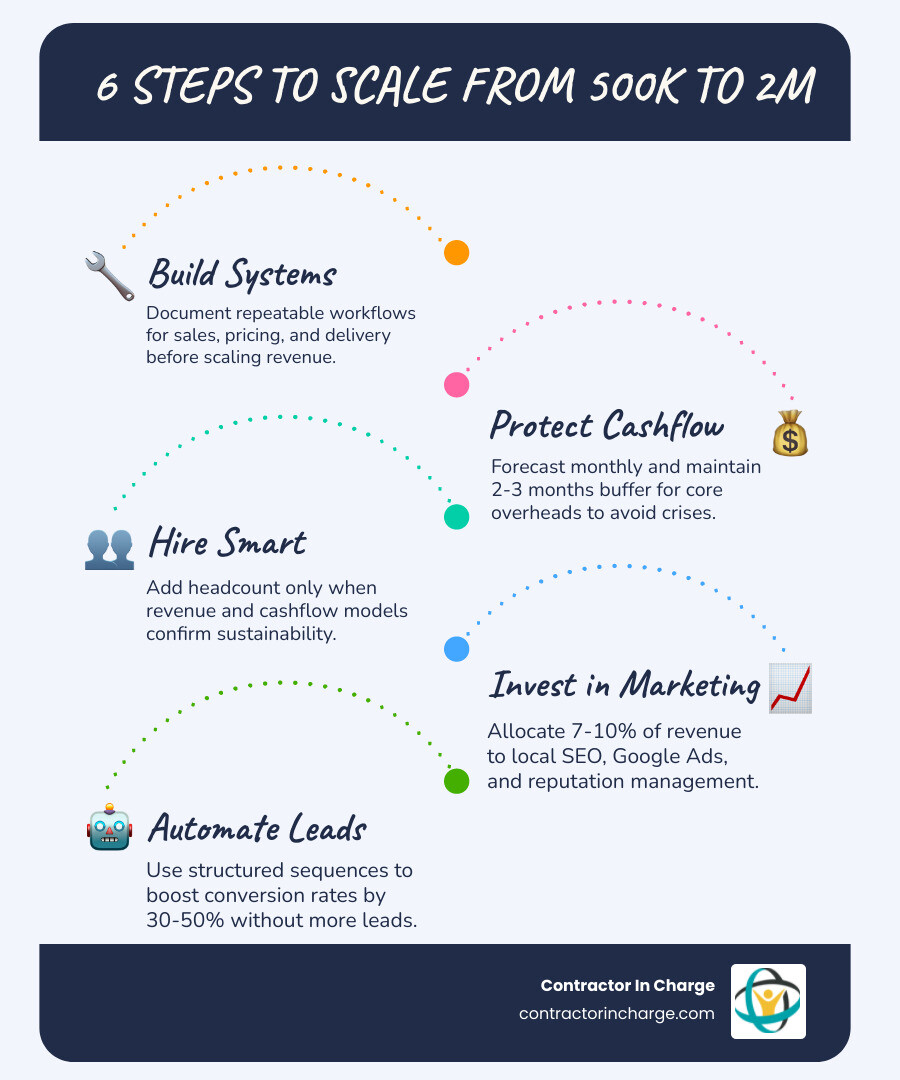 Roadmap infographic showing six steps to scale a home service business from 500k to 2m - how to scale a home service Roadmap infographic showing six steps to scale a home service business from 500k to 2m - how to scale a home service