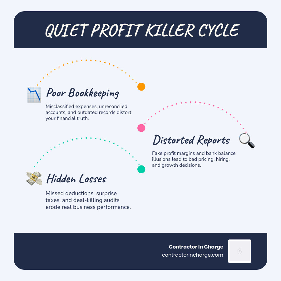 Infographic showing the "Quiet Profit Killer" cycle: poor bookkeeping leads to distorted reports, bad decisions, missed Infographic showing the "Quiet Profit Killer" cycle: poor bookkeeping leads to distorted reports, bad decisions, missed