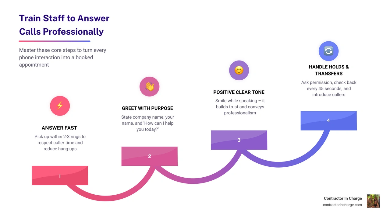 infographic showing 8 steps to train staff to answer calls professionally for contractors - how to train staff to answer