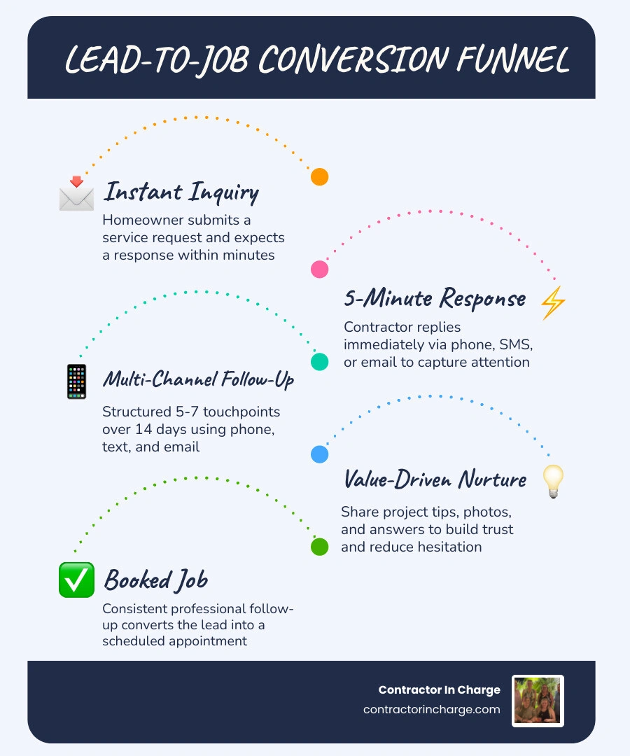 Lead-to-job conversion funnel infographic for contractors showing touchpoints from inquiry to booked job infographic Lead-to-job conversion funnel infographic for contractors showing touchpoints from inquiry to booked job infographic