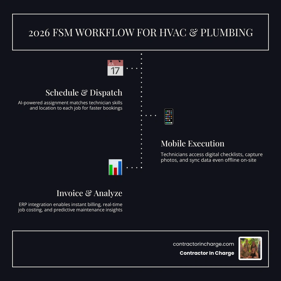 2026 FSM software workflow infographic for HVAC and plumbing companies showing scheduling to invoicing steps infographic 2026 FSM software workflow infographic for HVAC and plumbing companies showing scheduling to invoicing steps infographic
