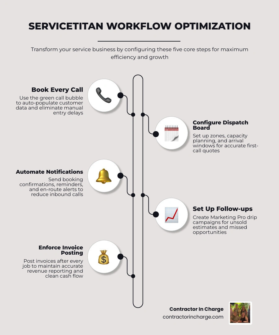 Infographic showing the complete ServiceTitan workflow from call booking through dispatch, job completion, invoicing, and Infographic showing the complete ServiceTitan workflow from call booking through dispatch, job completion, invoicing, and