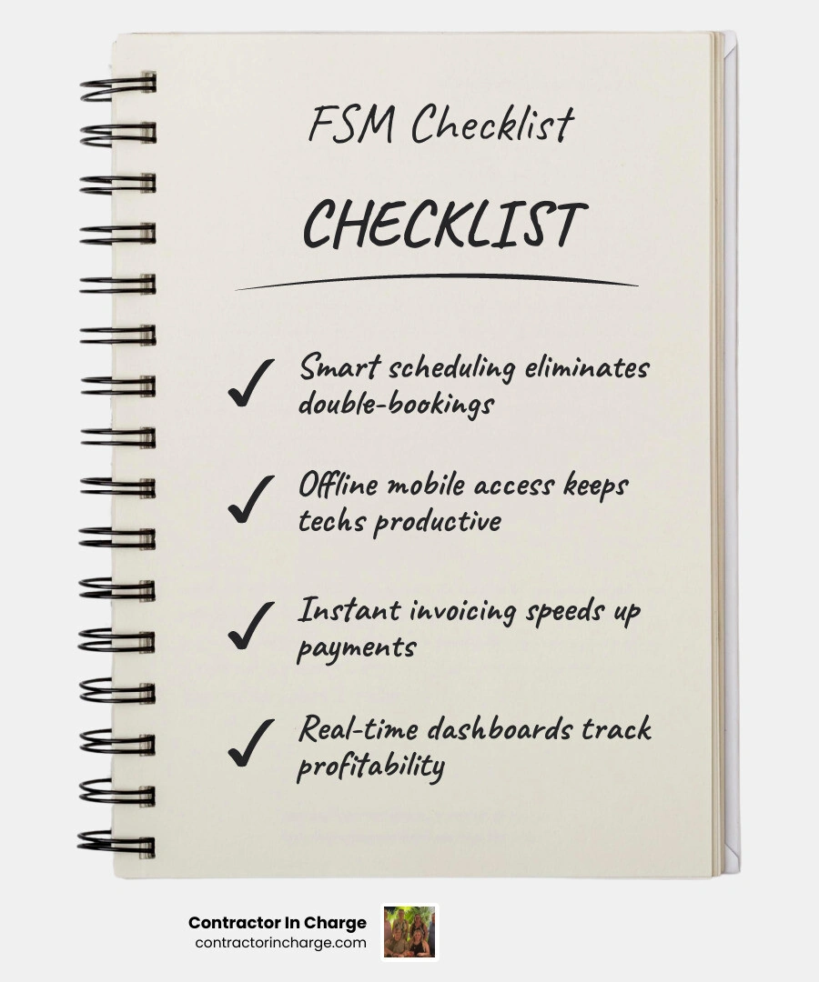 FSM software features checklist infographic for contractors showing scheduling, mobile, invoicing, CRM, reporting infographic