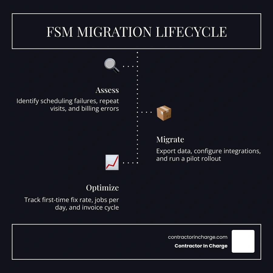 FSM migration lifecycle infographic showing assessment, vendor selection, data migration, pilot rollout, and ROI tracking FSM migration lifecycle infographic showing assessment, vendor selection, data migration, pilot rollout, and ROI tracking