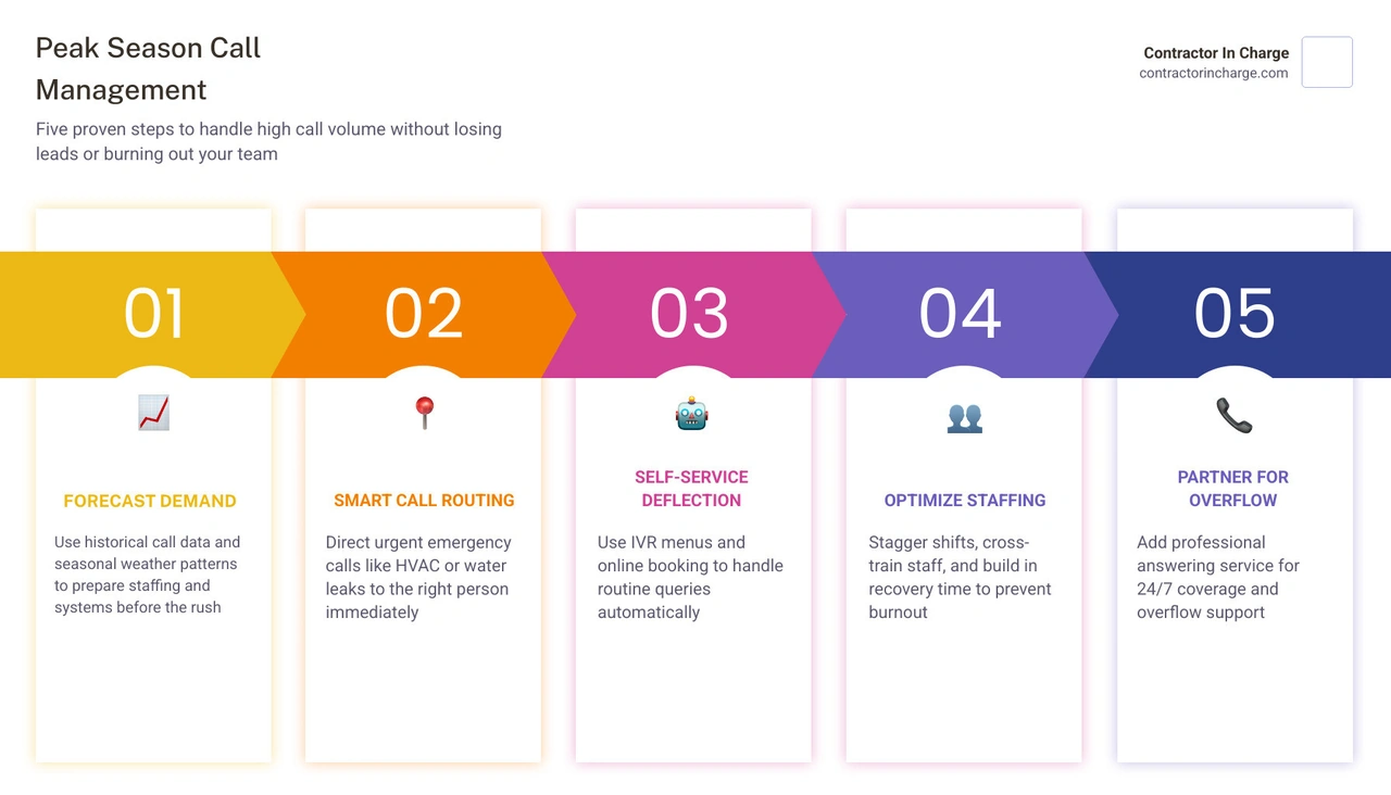 infographic showing 5 steps to manage high call volume during peak season for home service contractors infographic