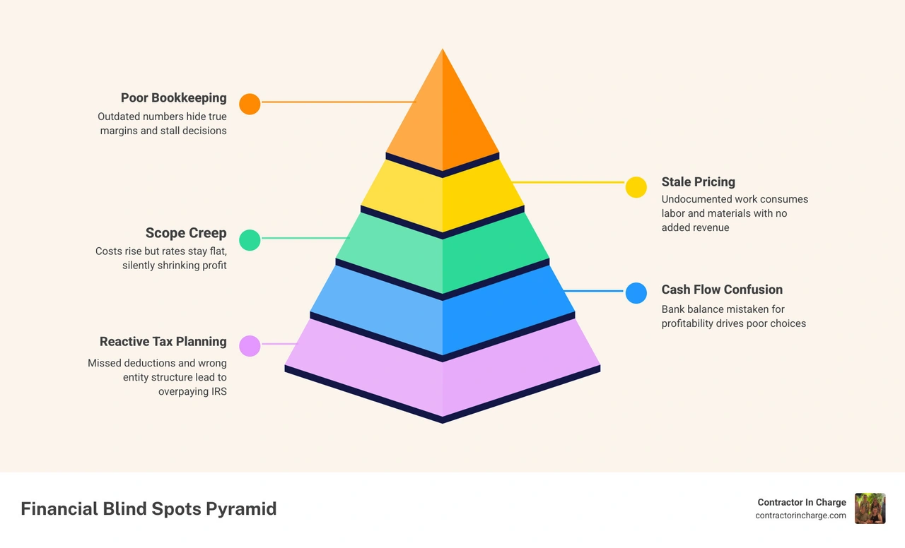 infographic showing 7 financial blind spots in home service businesses and why 82% of trade companies fail due to