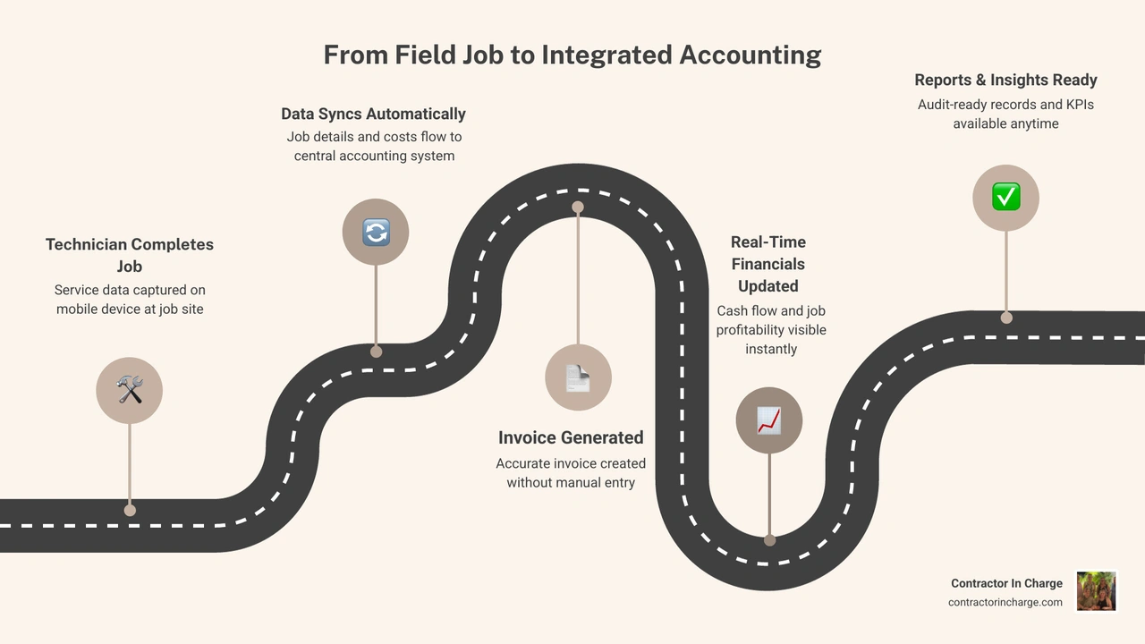 Infographic showing data flow from field service job to integrated accounting system with key benefits listed infographic