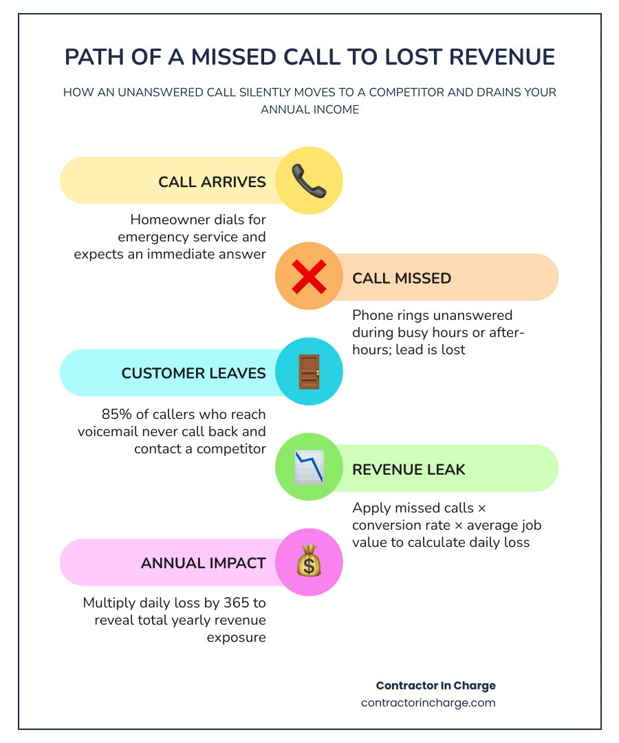 infographic showing the path of an unanswered contractor call to a competitor with revenue loss steps infographic