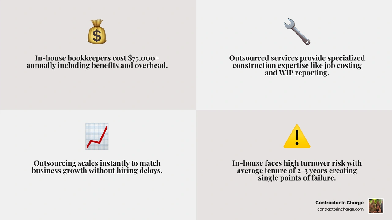 infographic comparing in-house vs outsourced bookkeeping for contractors across cost, expertise, scalability, and risk - in