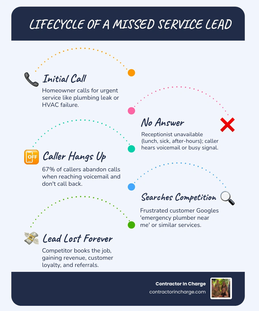 Lifecycle of a missed service lead from first call to lost job for contractors - in house receptionist vs outsourced call