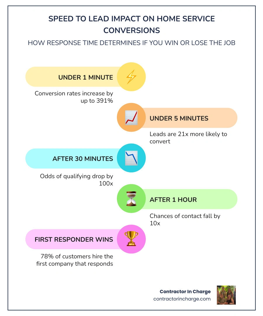 Infographic showing lead conversion rates at different response times: under 1 minute, 5 minutes, 30 minutes, and 1 hour Infographic showing lead conversion rates at different response times: under 1 minute, 5 minutes, 30 minutes, and 1 hour