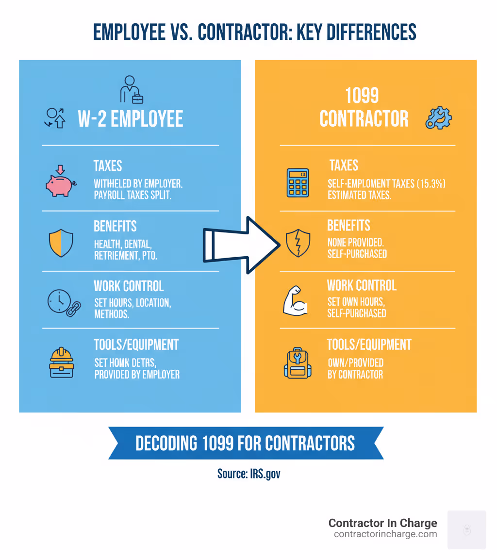 Infographic comparing W-2 employees and 1099 contractors on taxes, benefits, work control, and tools