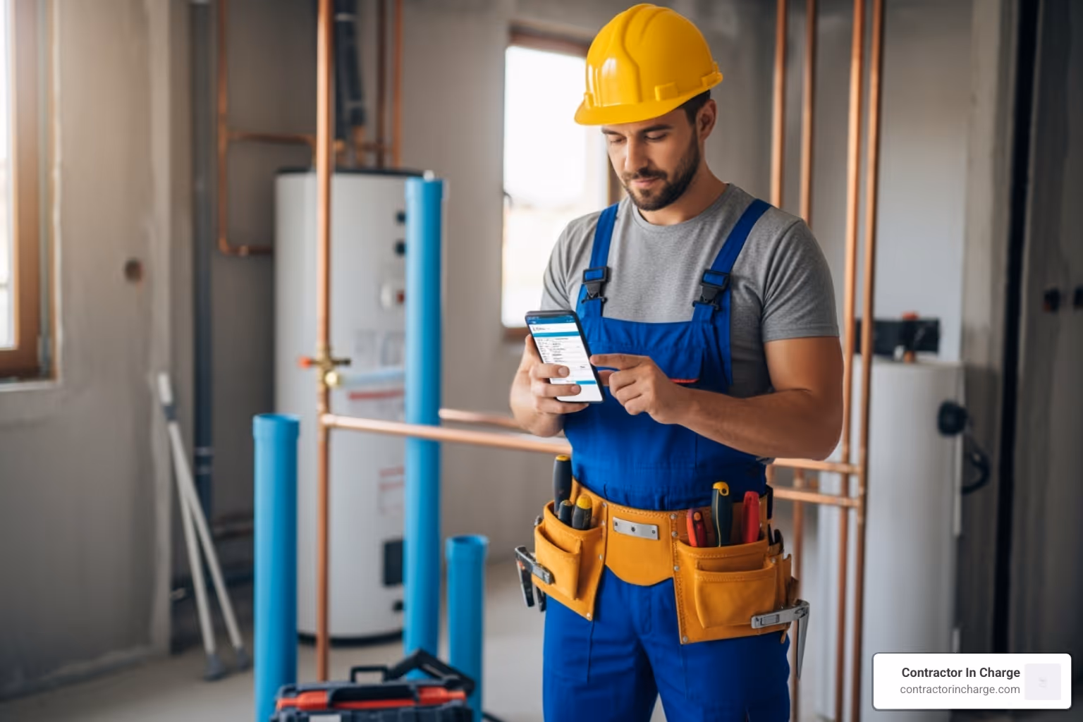plumber using mobile app on job site - accounting for plumbers