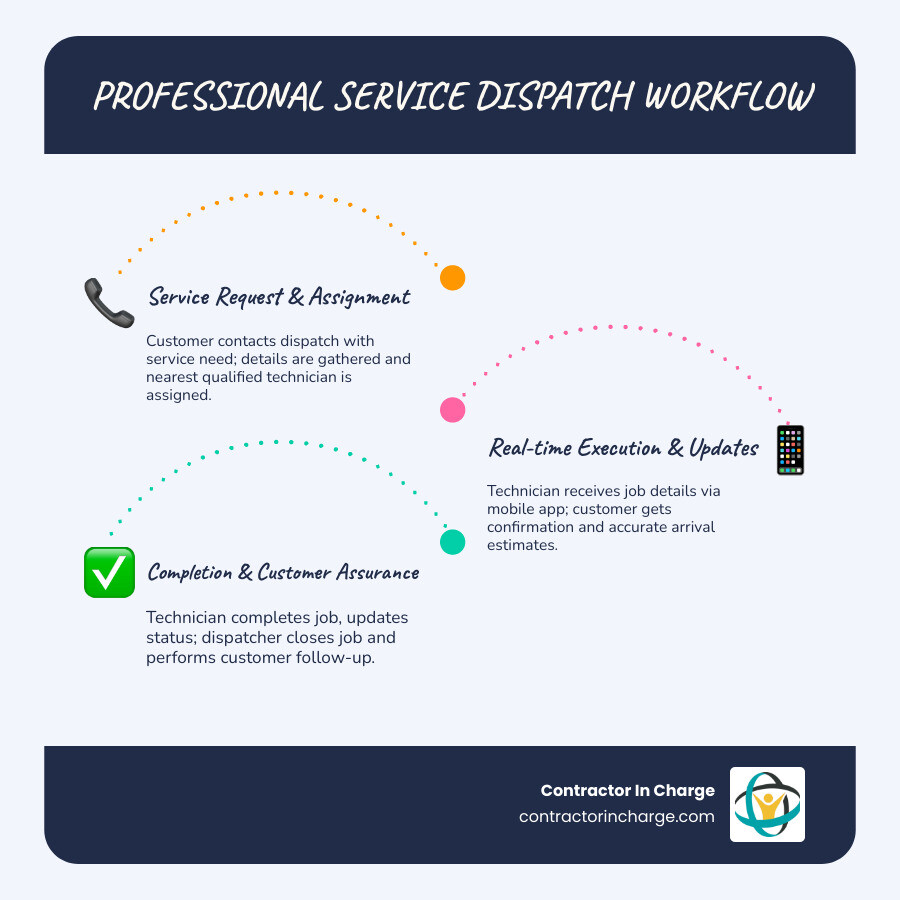Infographic showing the dispatch process flow: customer calls in with a service need, dispatcher answers and gathers details, system assigns the nearest available technician, technician receives job details via mobile app, customer receives confirmation and ETA, technician completes job and updates status, dispatcher closes out the job and follows up with customer - affordable dispatch in grand rapids, mi infographic infographic-line-3-steps-blues-accent_colors