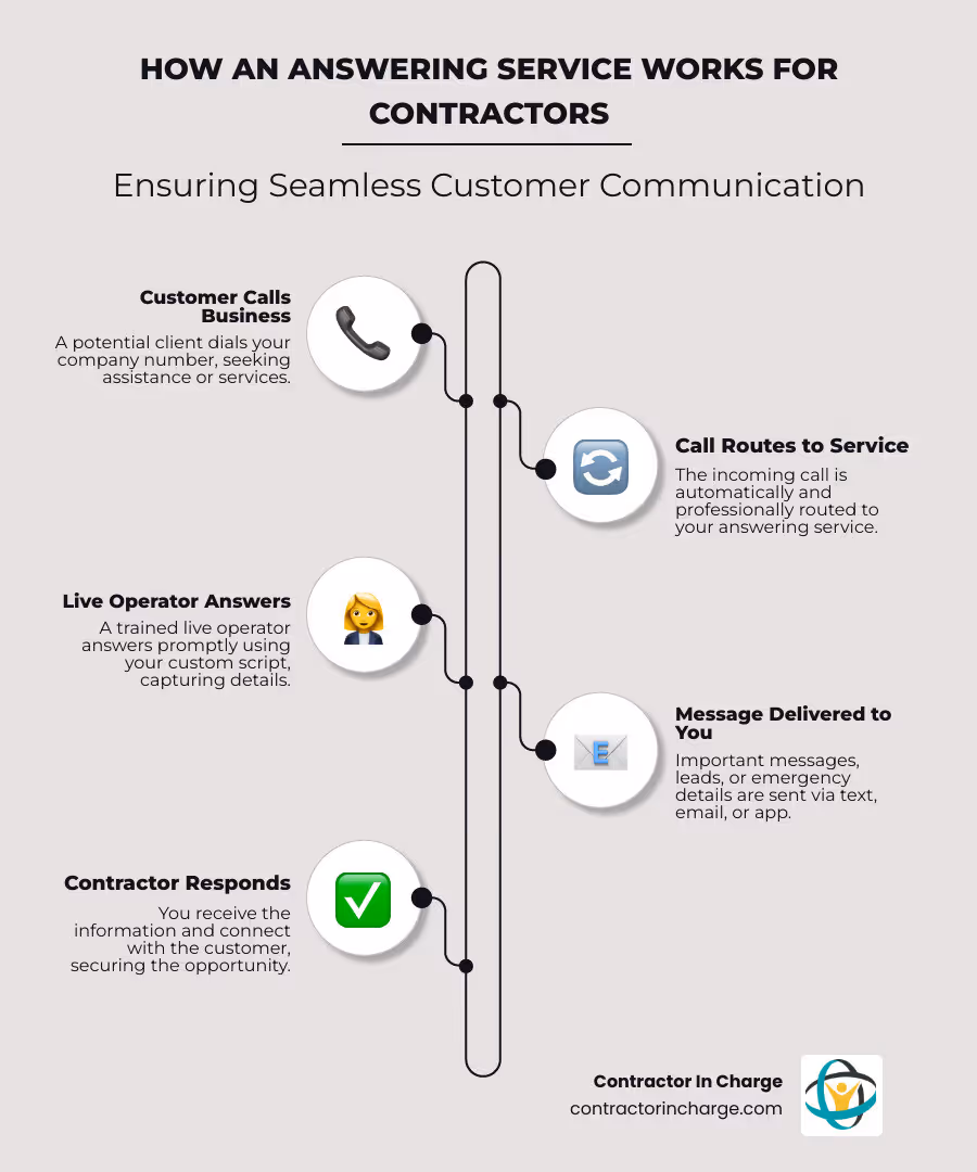 Infographic showing how an answering service works: customer calls business number, call is routed to answering service, trained operator answers using custom script, message is delivered via text or email, contractor responds to customer—resulting in no missed calls, better customer satisfaction, and increased revenue - answering service in buffalo, ny infographic infographic-line-5-steps-elegant_beige