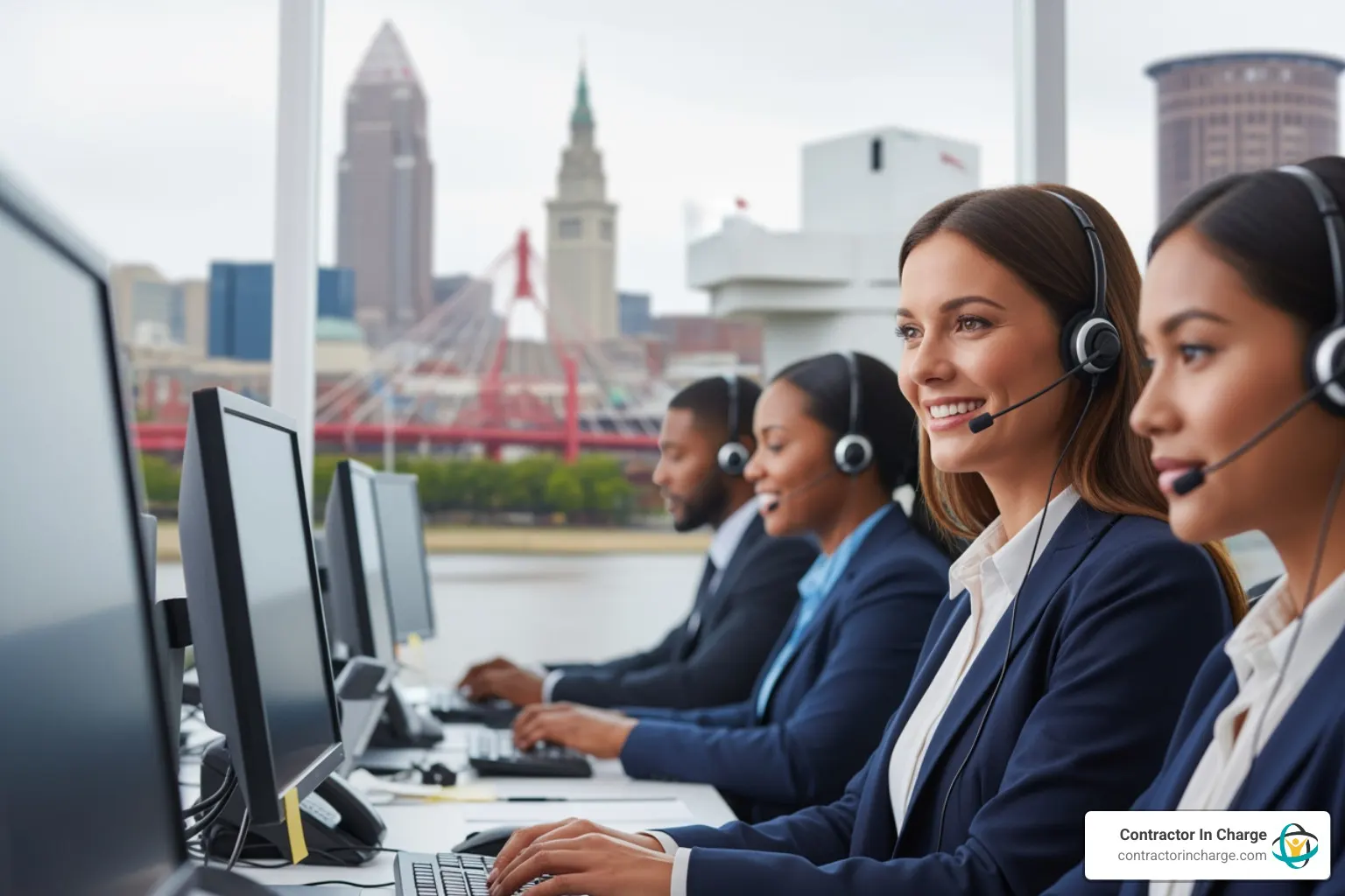 professional receptionist with headset in modern office with Cleveland skyline view - business answering service in cleveland, oh