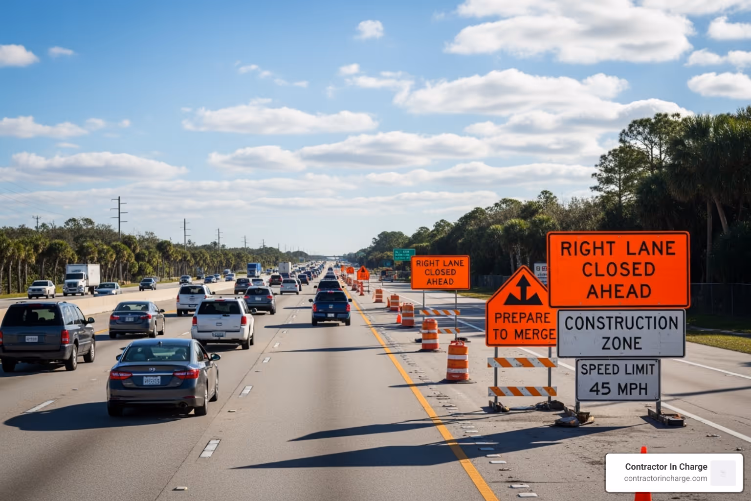 of a busy Florida highway with construction signs - contractor answering service Florida