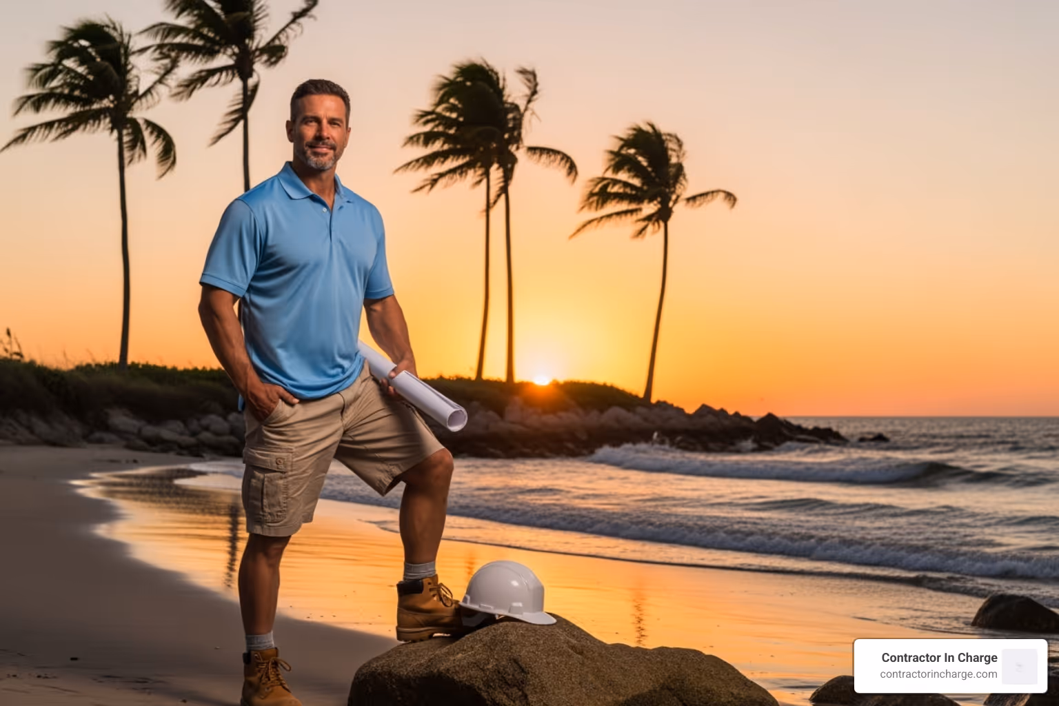 Smiling contractor holding rolled plans on a palm-lined beach at sunset, with his hard hat resting on a rock