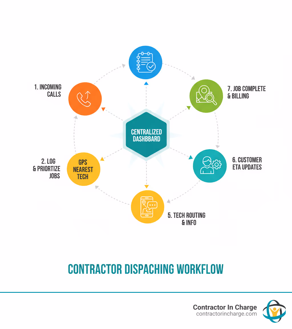 Infographic: the contractor dispatching workflow, from incoming call to job completion and billing, on one dashboard
