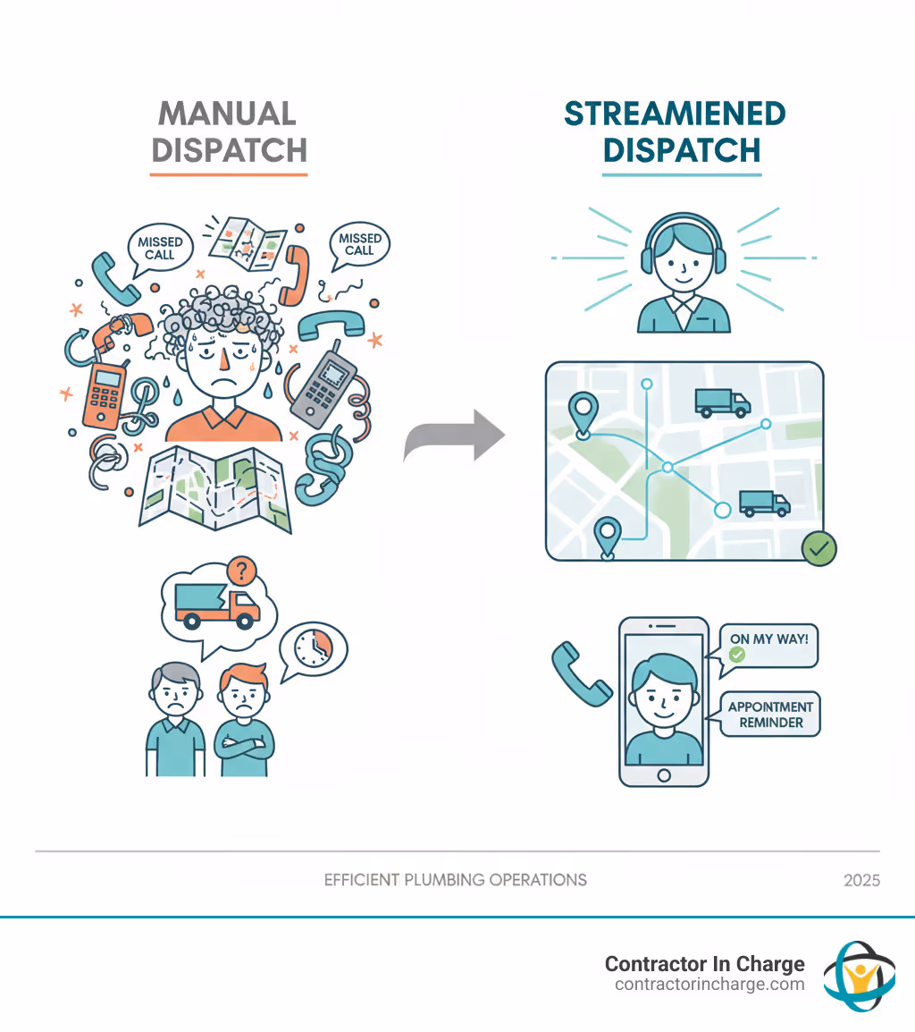 Infographic comparing chaotic manual dispatch with streamlined dispatch using GPS routes and automatic customer updates