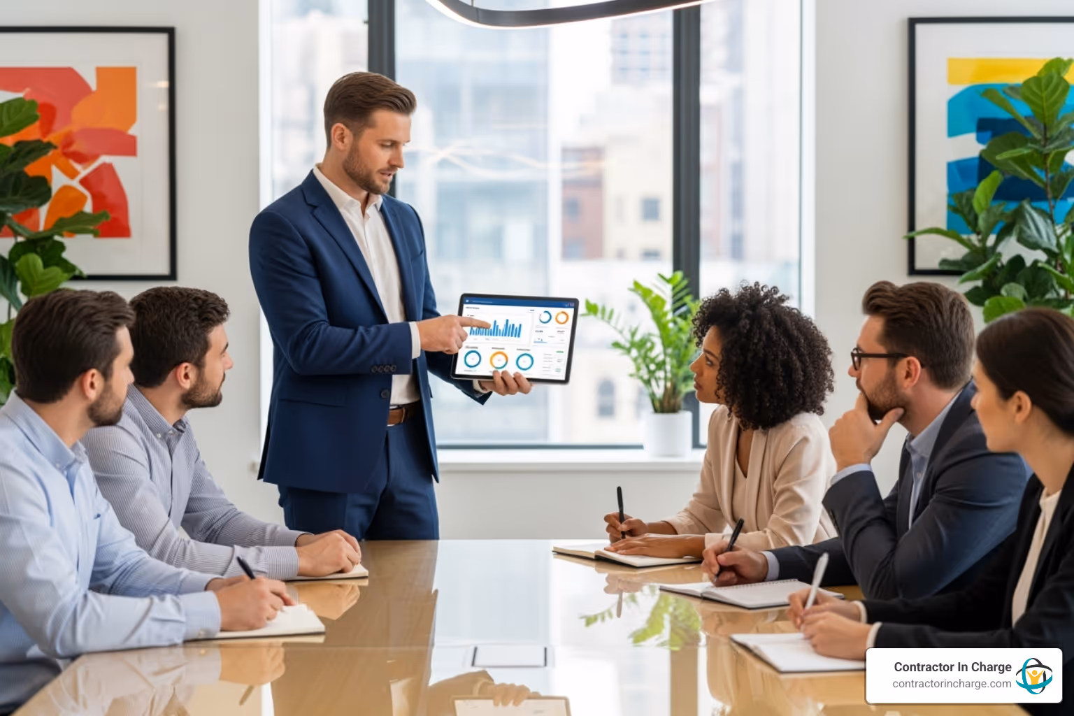 Consultant showing a business dashboard on a tablet to a small team taking notes at a meeting table