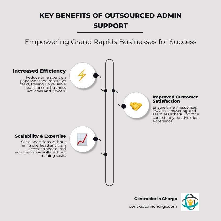 Infographic explaining the key benefits of outsourced administrative support: increased efficiency through reduced time on paperwork, improved customer satisfaction with 24/7 call answering, better financial visibility with timely reporting, scalability to grow without hiring overhead, and access to specialized skills without training costs - admin services help in grand rapids, mi infographic infographic-line-3-steps-elegant_beige