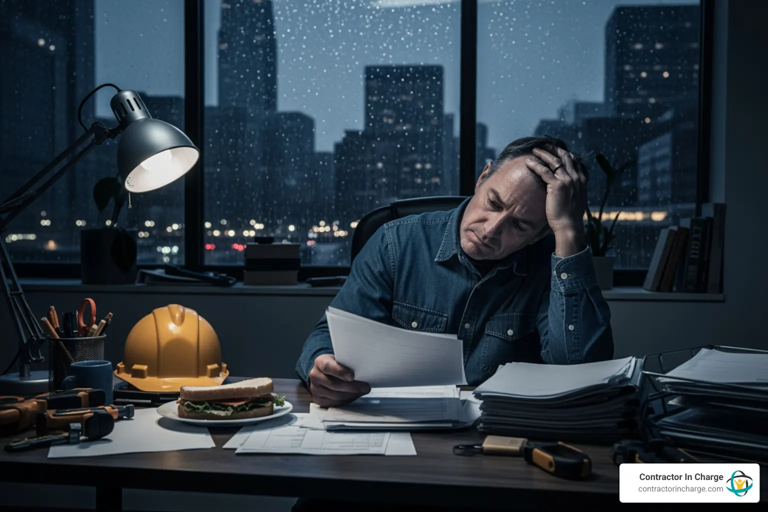 Stressed contractor going over paperwork at his desk late at night, with a hard hat and tools nearby