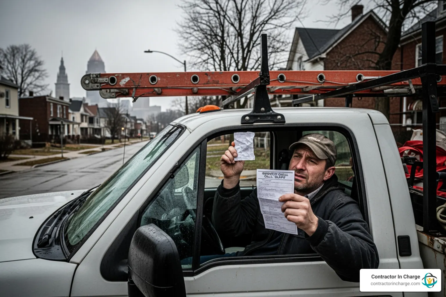 Contractor in his work truck holding up paperwork on a rainy street, with a city skyline behind him